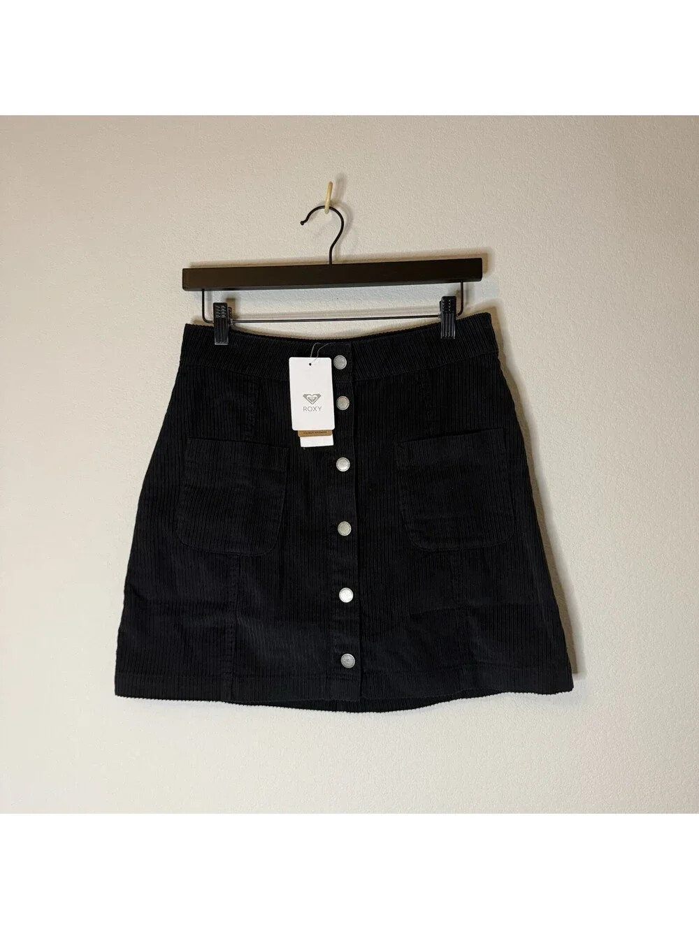 Roxy Warning Sign Skirt Womens M Black Corduroy Button Front NWT $50